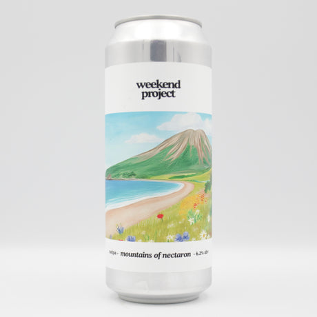 This is a can of Weekend Project - Mountains Of Nectaron - 6.2% (500ml). It is a IPA craft beer available to buy from Ghost Whale, voted London's best craft beer shop.