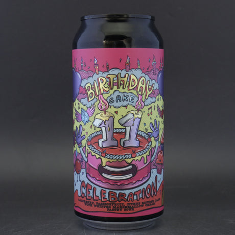 This is a can of Amundsen - 11th Birthday Cake: Raspberry, Passionfruit, Citrus Mousse Cake With Whipped Marshmallow Cream - 6.3% (440ml). It is a Sour craft beer available to buy from Ghost Whale, voted London's best craft beer shop.