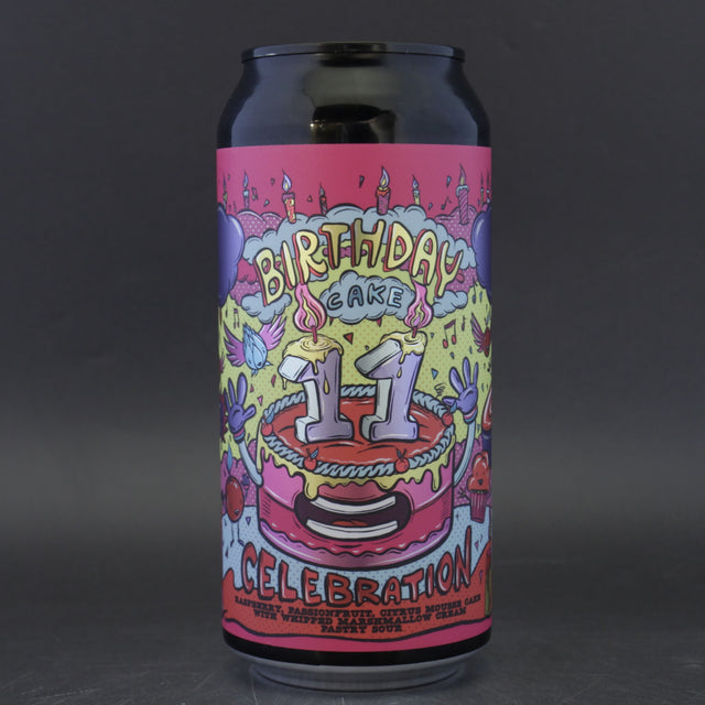 This is a can of Amundsen - 11th Birthday Cake: Raspberry, Passionfruit, Citrus Mousse Cake With Whipped Marshmallow Cream - 6.3% (440ml). It is a Sour craft beer available to buy from Ghost Whale, voted London's best craft beer shop.