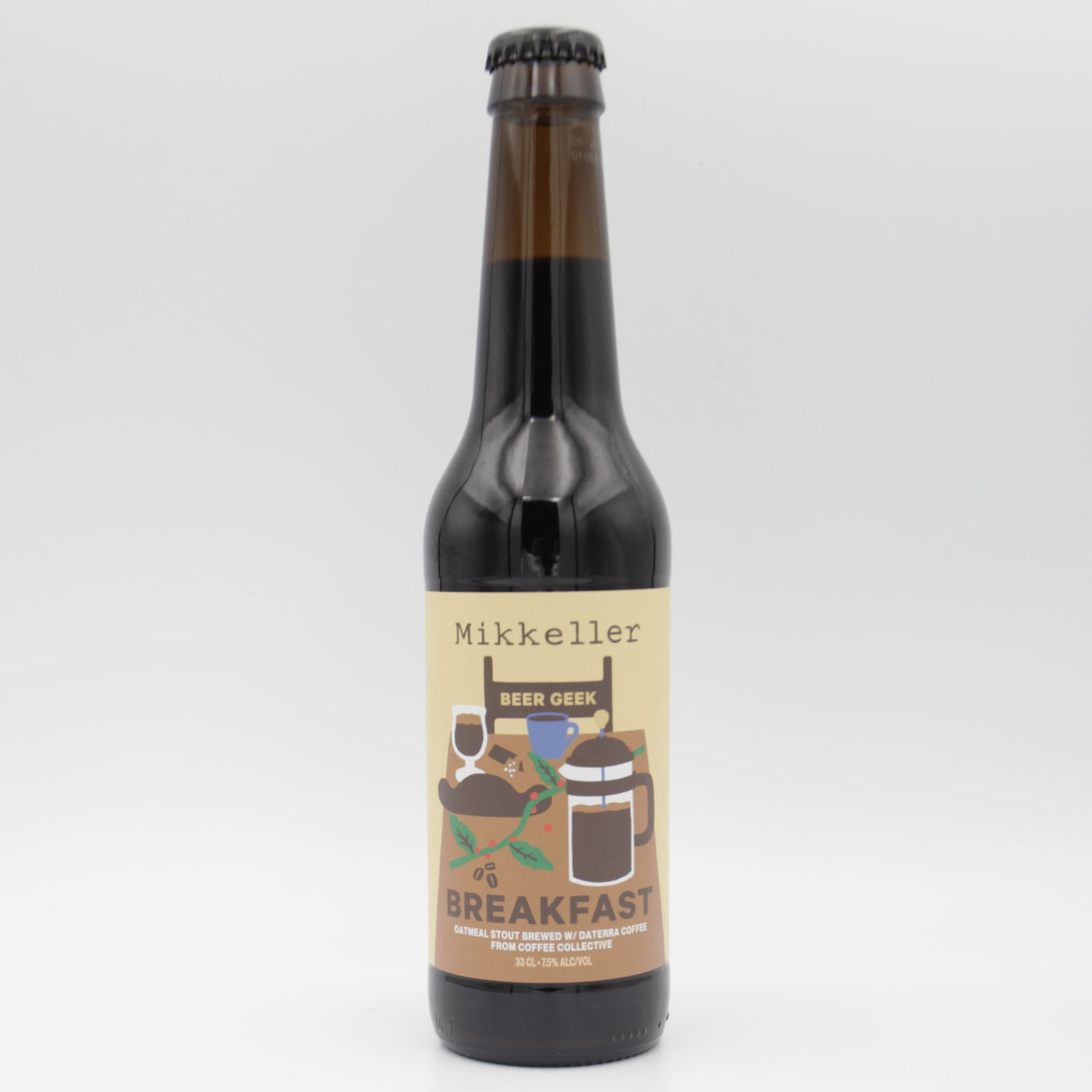 This is a bottle of Mikkeller - Beer Geek Breakfast - 7.5% (330ml). It is a Imperial Stout / Porter craft beer available to buy from Ghost Whale, voted London's best craft beer shop.