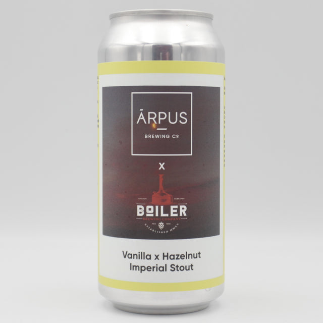 This is a can of Arpus Brewing Co / Boiler - Vanilla X Hazelnut Imperial Stout - 13.5% (440ml). It is a Imperial Stout / Porter craft beer available to buy from Ghost Whale, voted London's best craft beer shop.
