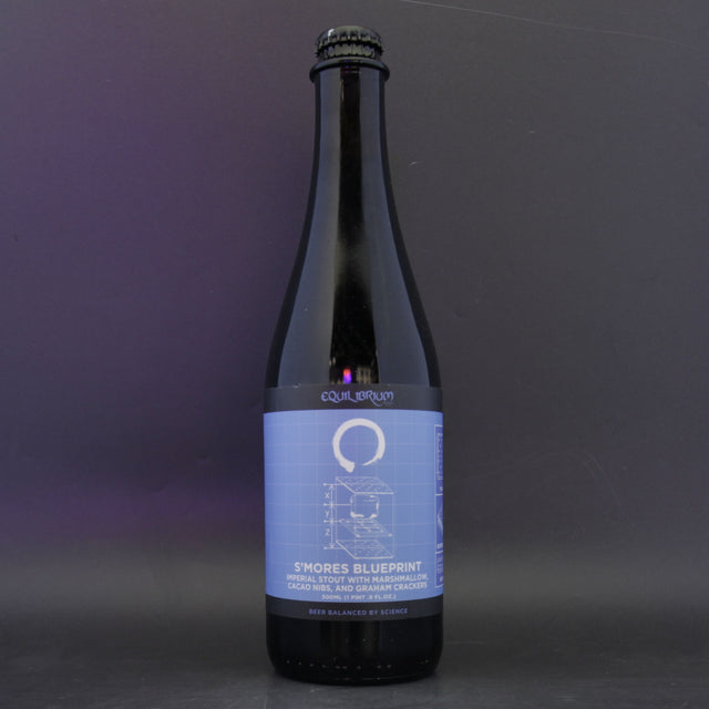 This is a bottle of Equilibrium - S'mores Blueprint - 11% (500ml). It is a Imperial Stout / Porter craft beer available to buy from Ghost Whale, voted London's best craft beer shop.