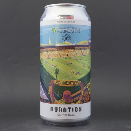 This is a can of Duration - On The Ball - 4.2% (440ml). It is a Lager / Pilsner / Kölsch craft beer available to buy from Ghost Whale, voted London's best craft beer shop.
