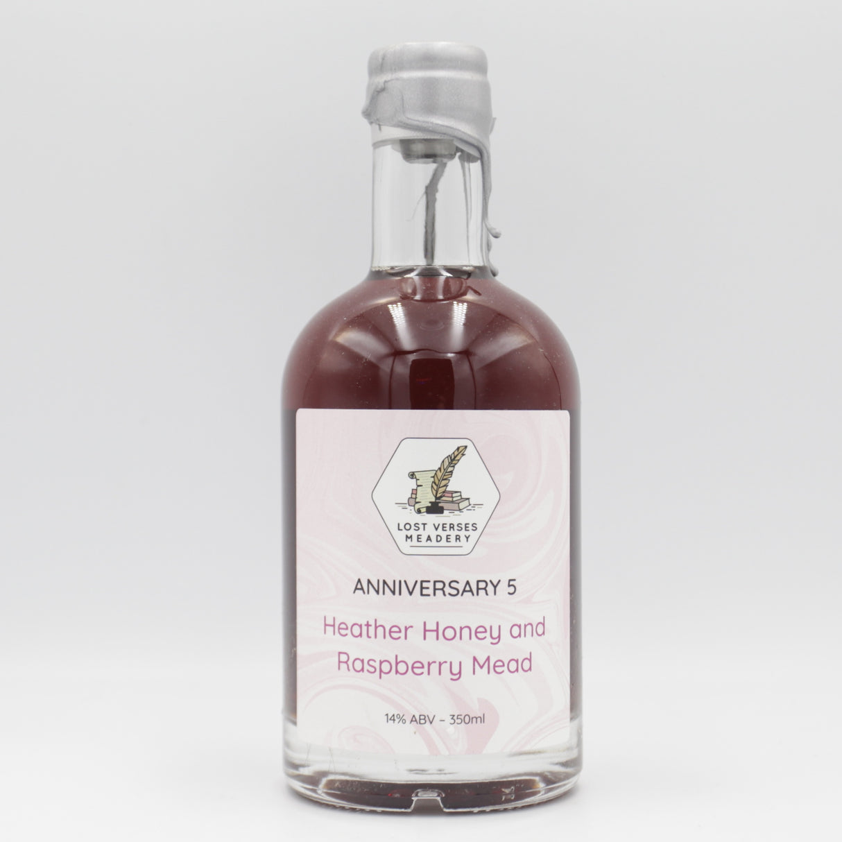This is a bottle of Lost Verses Meadery - Anniversary Five - 14% (350ml). It is a  craft mead available to buy from Ghost Whale, voted London's best craft beer shop.