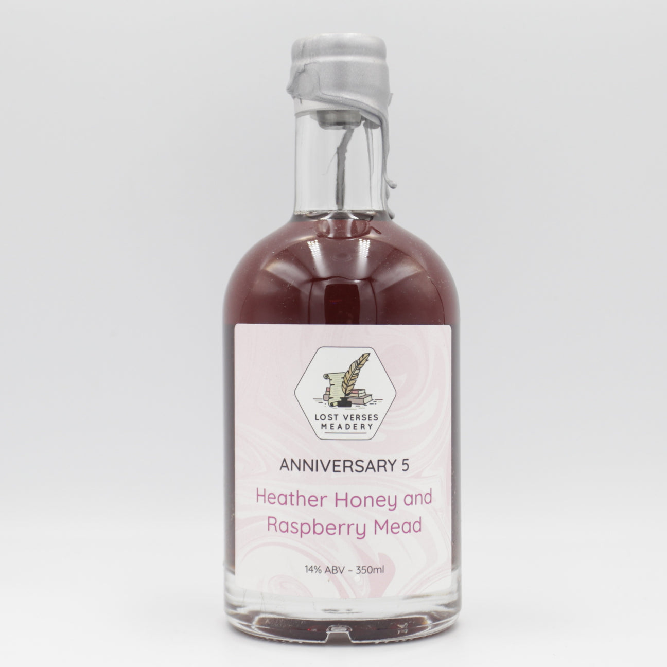 This is a bottle of Lost Verses Meadery - Anniversary Five - 14% (350ml). It is a  craft mead available to buy from Ghost Whale, voted London's best craft beer shop.