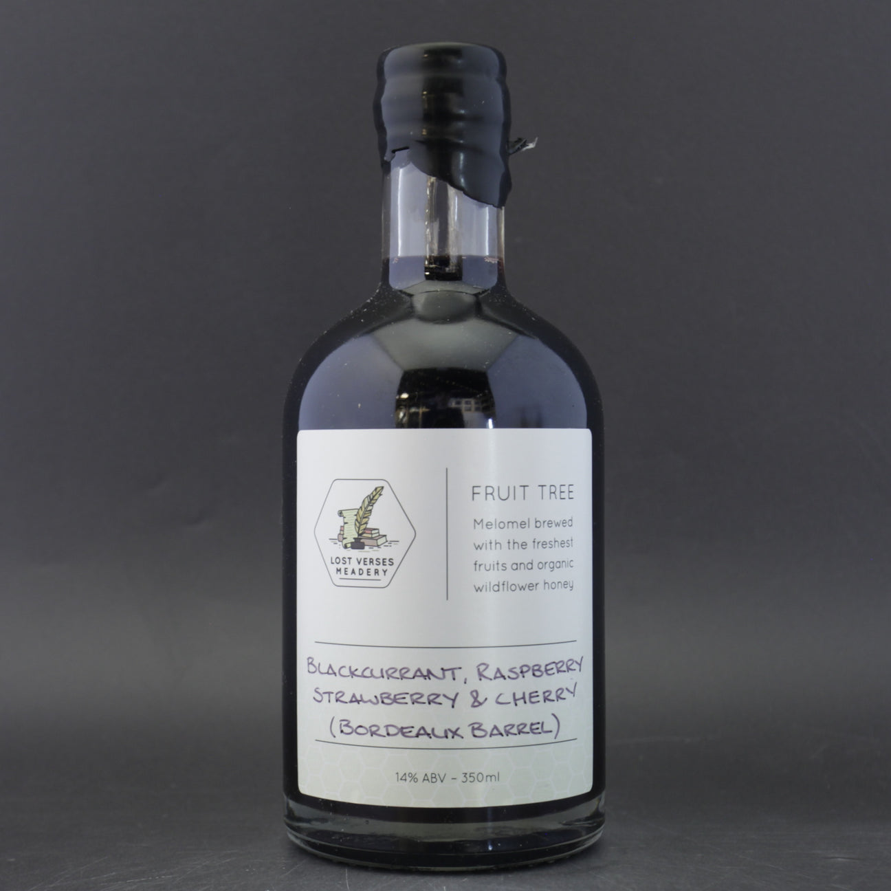 This is a bottle of Lost Verses Meadery - Blackcurrant, Raspberry, Strawberry & Cherry (Bordeaux Barrel) - 14% (350ml). It is a  craft mead available to buy from Ghost Whale, voted London's best craft beer shop.