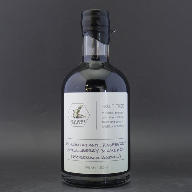 This is a bottle of Lost Verses Meadery - Blackcurrant, Raspberry, Strawberry & Cherry (Bordeaux Barrel) - 14% (350ml). It is a  craft mead available to buy from Ghost Whale, voted London's best craft beer shop.