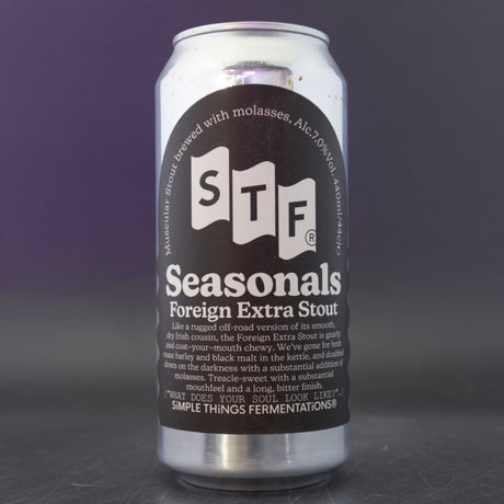 This is a can of Simple Things Fermentations - Foreign Export Stout - 7% (440ml). It is a Stout / Porter craft beer available to buy from Ghost Whale, voted London's best craft beer shop.