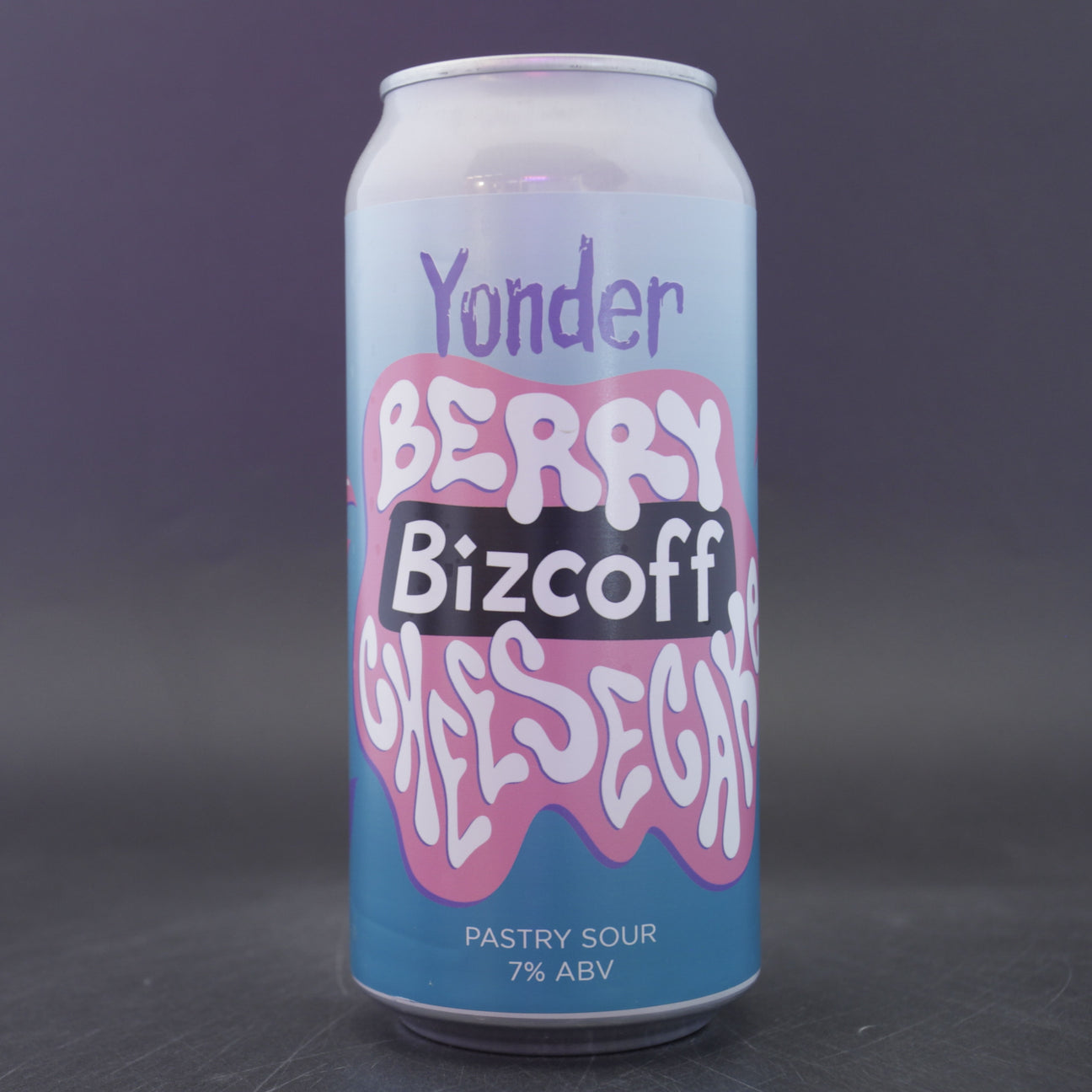 This is a can of Yonder - Berry Bizcoff Cheesecake - 7% (440ml). It is a Sour craft beer available to buy from Ghost Whale, voted London's best craft beer shop.