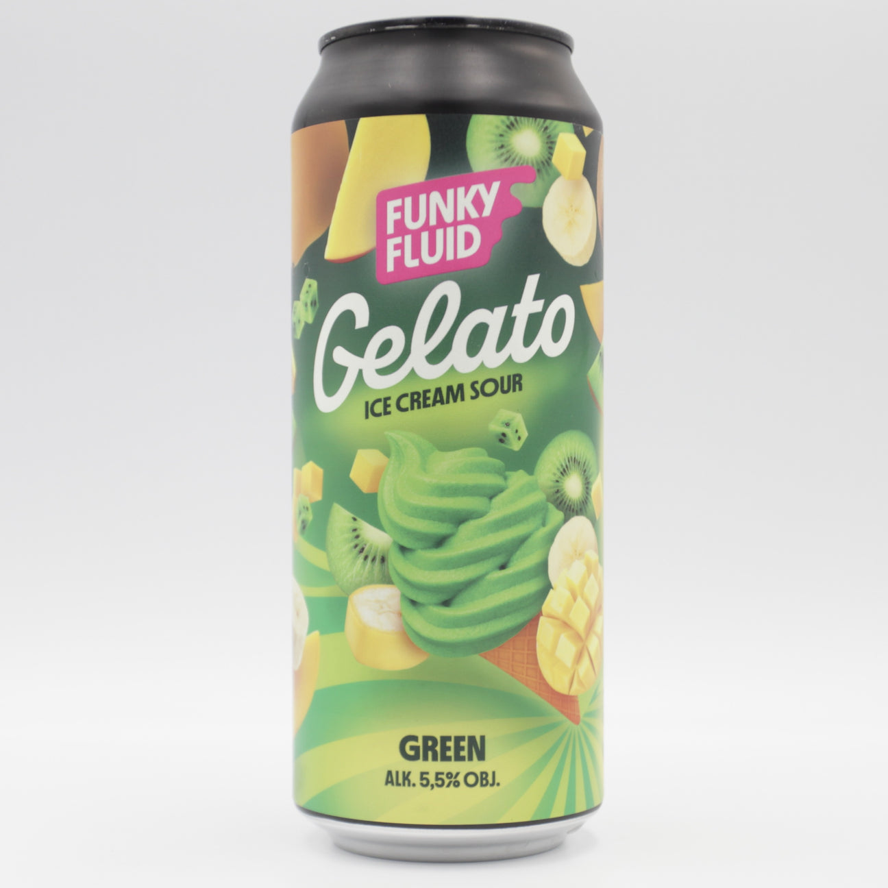 This is a can of Funky Fluid - Gelato: Green - 5.5% (500ml). It is a Sour craft beer available to buy from Ghost Whale, voted London's best craft beer shop.