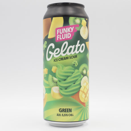 This is a can of Funky Fluid - Gelato: Green - 5.5% (500ml). It is a Sour craft beer available to buy from Ghost Whale, voted London's best craft beer shop.