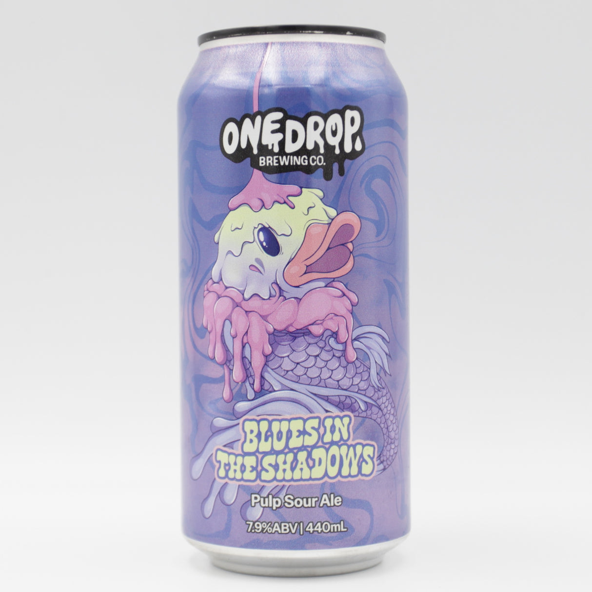 This is a can of One Drop - BLUES IN THE SHADOWS - 7.9% (440ml). It is a Sour craft beer available to buy from Ghost Whale, voted London's best craft beer shop.