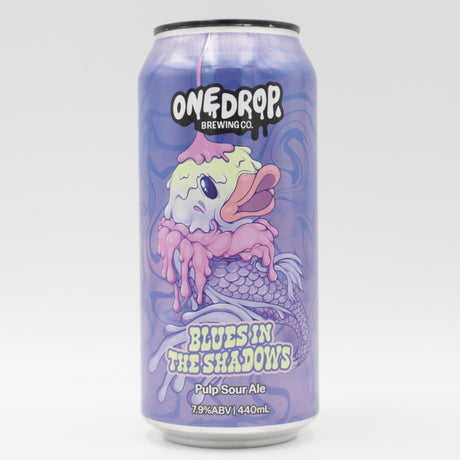 This is a can of One Drop - BLUES IN THE SHADOWS - 7.9% (440ml). It is a Sour craft beer available to buy from Ghost Whale, voted London's best craft beer shop.