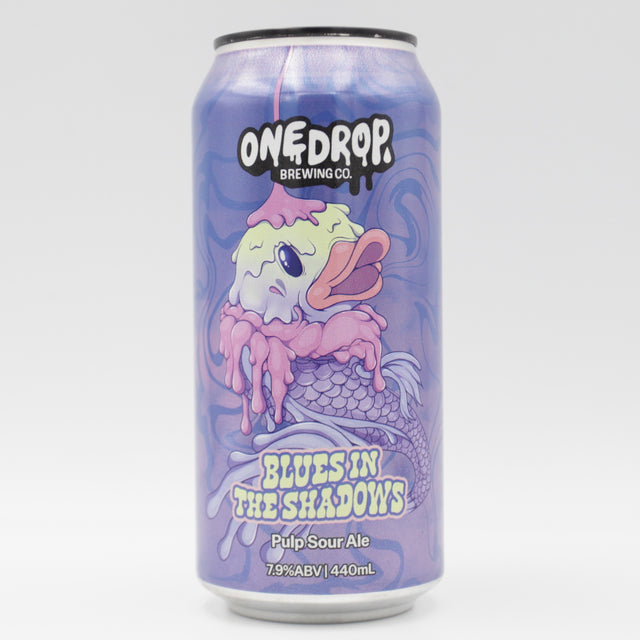 This is a can of One Drop - BLUES IN THE SHADOWS - 7.9% (440ml). It is a Sour craft beer available to buy from Ghost Whale, voted London's best craft beer shop.