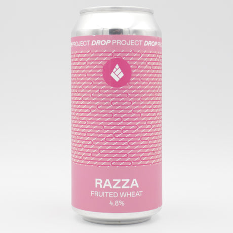 This is a can of Drop Project - Razza - 4.8% (440ml). It is a Wit / Wheat craft beer available to buy from Ghost Whale, voted London's best craft beer shop.
