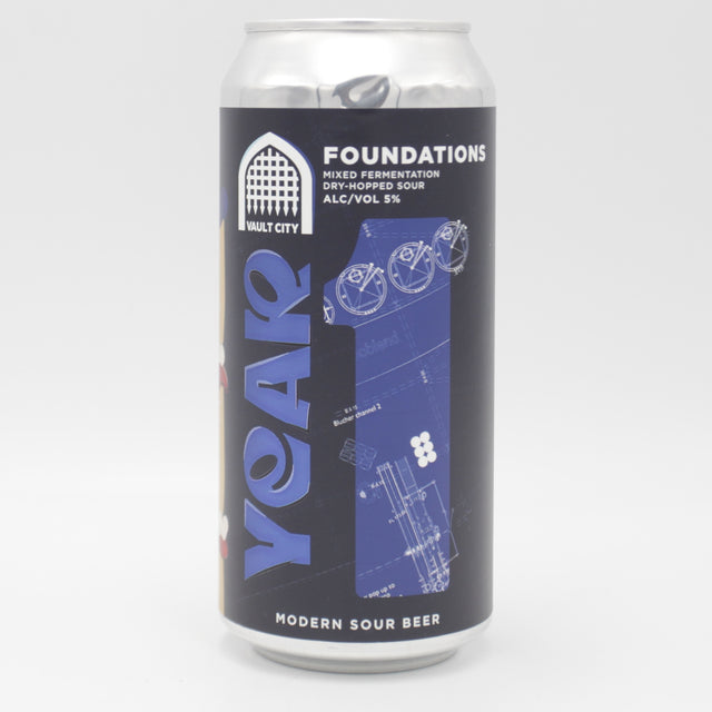 This is a can of Vault City - Year 1: Foundations - 5% (440ml). It is a Sour craft beer available to buy from Ghost Whale, voted London's best craft beer shop.