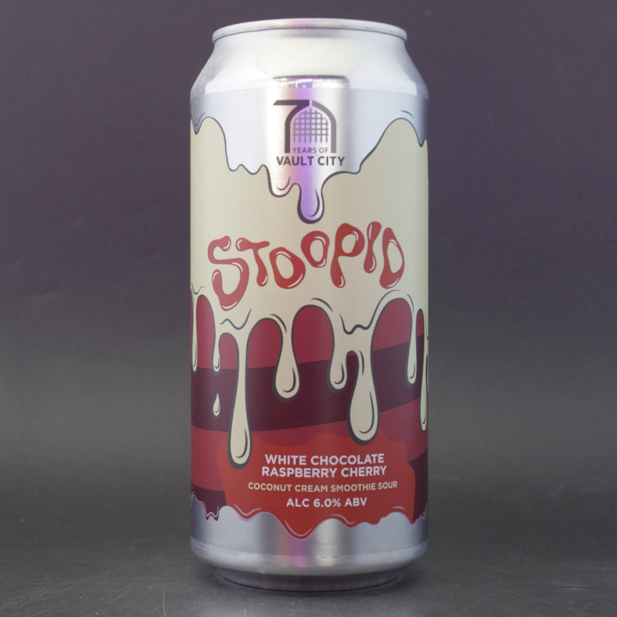This is a can of Vault City - Stoopid: Raspberry Cherry White Chocolate - 6% (440ml). It is a Sour craft beer available to buy from Ghost Whale, voted London's best craft beer shop.