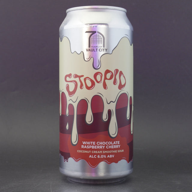 This is a can of Vault City - Stoopid: Raspberry Cherry White Chocolate - 6% (440ml). It is a Sour craft beer available to buy from Ghost Whale, voted London's best craft beer shop.