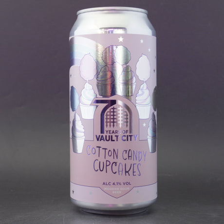 This is a can of Vault City - Cotton Candy Cupcakes - 4.1% (440ml). It is a Sour craft beer available to buy from Ghost Whale, voted London's best craft beer shop.