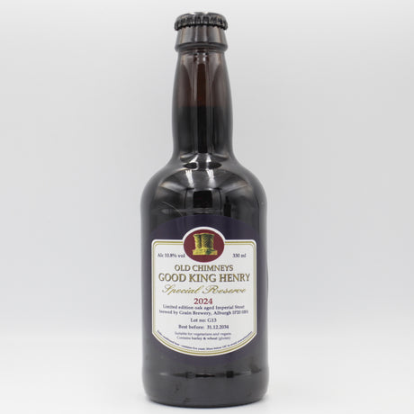 This is a bottle of Old Chimneys - Good King Henry Special Reserve 2024 - 11% (330ml). It is a Imperial Stout / Porter craft beer available to buy from Ghost Whale, voted London's best craft beer shop.