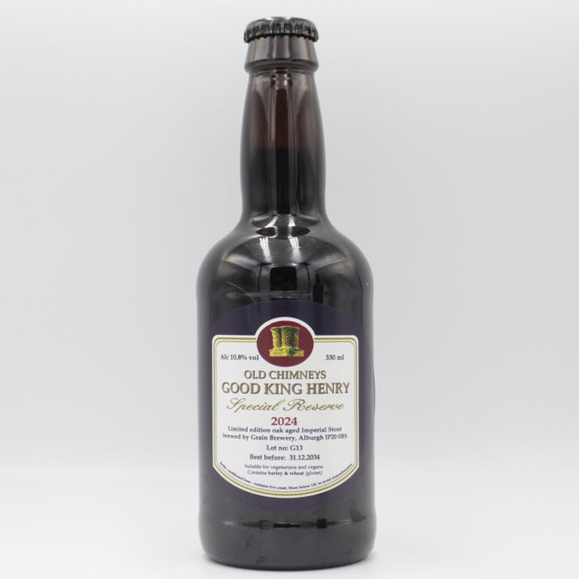 This is a bottle of Old Chimneys - Good King Henry Special Reserve 2024 - 11% (330ml). It is a Imperial Stout / Porter craft beer available to buy from Ghost Whale, voted London's best craft beer shop.