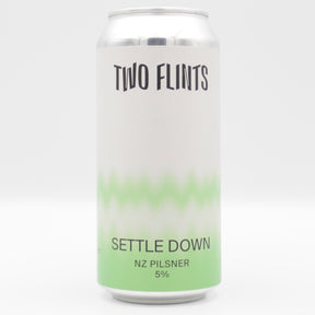 This is a can of Two Flints - Settle Down - 5% (440ml). It is a Lager / Pilsner / Kölsch craft beer available to buy from Ghost Whale, voted London's best craft beer shop.