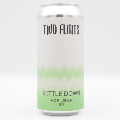 This is a can of Two Flints - Settle Down - 5% (440ml). It is a Lager / Pilsner / Kölsch craft beer available to buy from Ghost Whale, voted London's best craft beer shop.