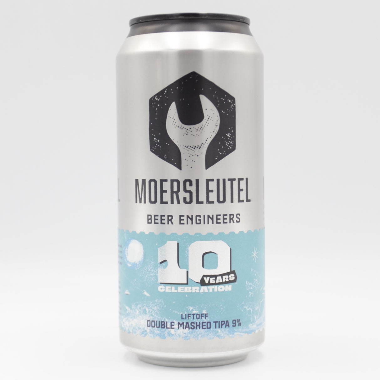 This is a can of Moersleutel - 10 Years: Liftoff - 9% (440ml). It is a Triple IPA craft beer available to buy from Ghost Whale, voted London's best craft beer shop.