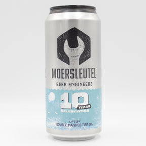 This is a can of Moersleutel - 10 Years: Liftoff - 9% (440ml). It is a Triple IPA craft beer available to buy from Ghost Whale, voted London's best craft beer shop.