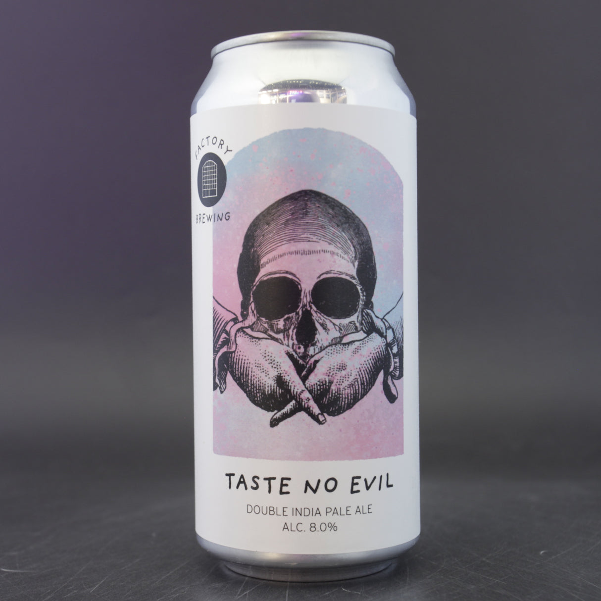 This is a can of Factory Brewing - Taste No Evil - 8% (440ml). It is a Double IPA craft beer available to buy from Ghost Whale, voted London's best craft beer shop.