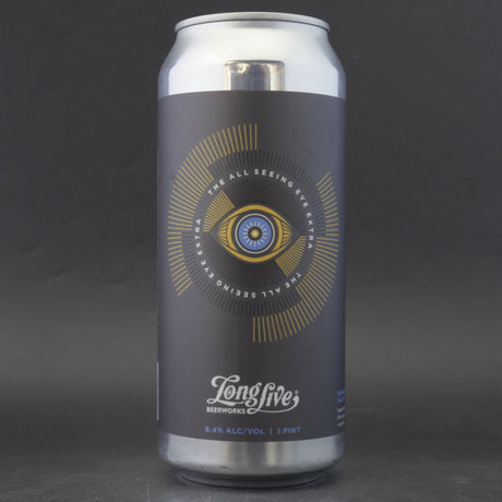 This is a can of Long Live Beer Works - The All Seeing Eye Extra - 8.4% (473ml). It is a Double IPA craft beer available to buy from Ghost Whale, voted London's best craft beer shop.