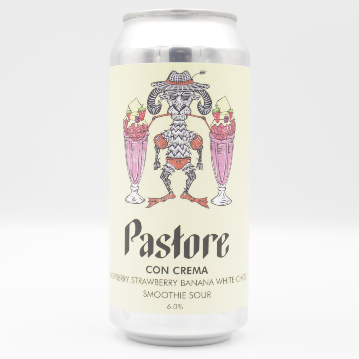 This is a can of Pastore - Con Crema: Strawberry, Raspberry, Banana, White Chocolate - 6% (440ml). It is a Sour craft beer available to buy from Ghost Whale, voted London's best craft beer shop.