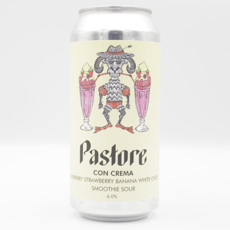 This is a can of Pastore - Con Crema: Strawberry, Raspberry, Banana, White Chocolate - 6% (440ml). It is a Sour craft beer available to buy from Ghost Whale, voted London's best craft beer shop.