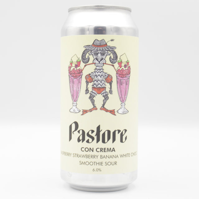 This is a can of Pastore - Con Crema: Strawberry, Raspberry, Banana, White Chocolate - 6% (440ml). It is a Sour craft beer available to buy from Ghost Whale, voted London's best craft beer shop.
