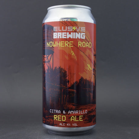 This is a can of Elusive Brewing - Nowhere Road - 4% (440ml). It is a Red / Amber Ale craft beer available to buy from Ghost Whale, voted London's best craft beer shop.