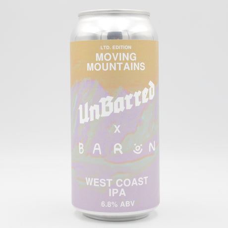 This is a can of UnBarred / Baron - Moving Mountains - 6.8% (440ml). It is a IPA craft beer available to buy from Ghost Whale, voted London's best craft beer shop.