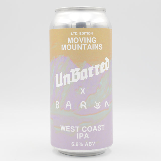 This is a can of UnBarred / Baron - Moving Mountains - 6.8% (440ml). It is a IPA craft beer available to buy from Ghost Whale, voted London's best craft beer shop.
