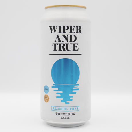 This is a can of Wiper And True - Tomorrow - 0.5% (440ml). It is a Lager / Pilsner / Kölsch craft beer available to buy from Ghost Whale, voted London's best craft beer shop.
