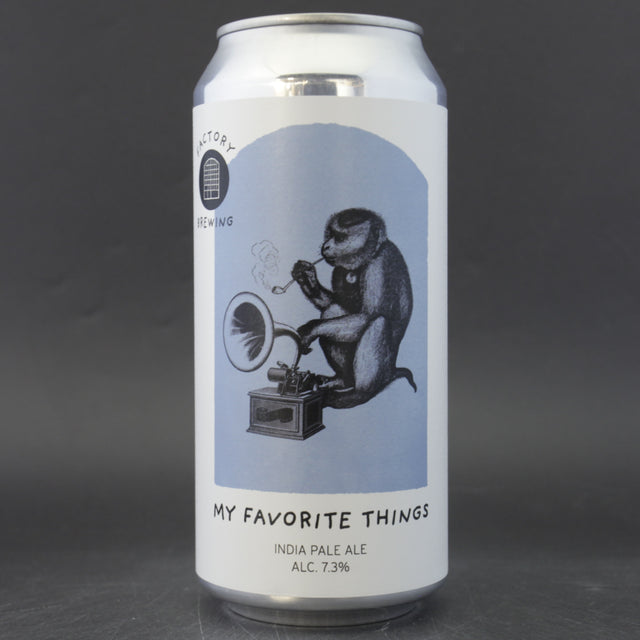 This is a can of Factory Brewing - My Favourite Things - 7.3% (440ml). It is a IPA craft beer available to buy from Ghost Whale, voted London's best craft beer shop.