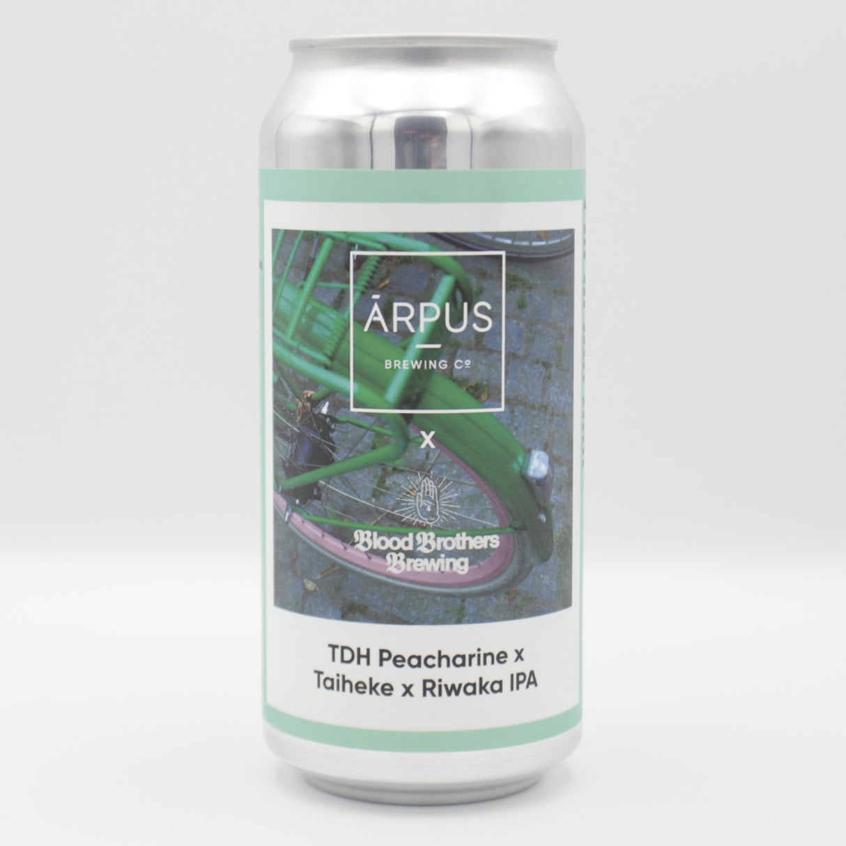 This is a can of Arpus Brewing Co / Blood Brothers - TDH Peacharine x Taiheke x Riwaka IPA - 6.5% (440ml). It is a IPA craft beer available to buy from Ghost Whale, voted London's best craft beer shop.