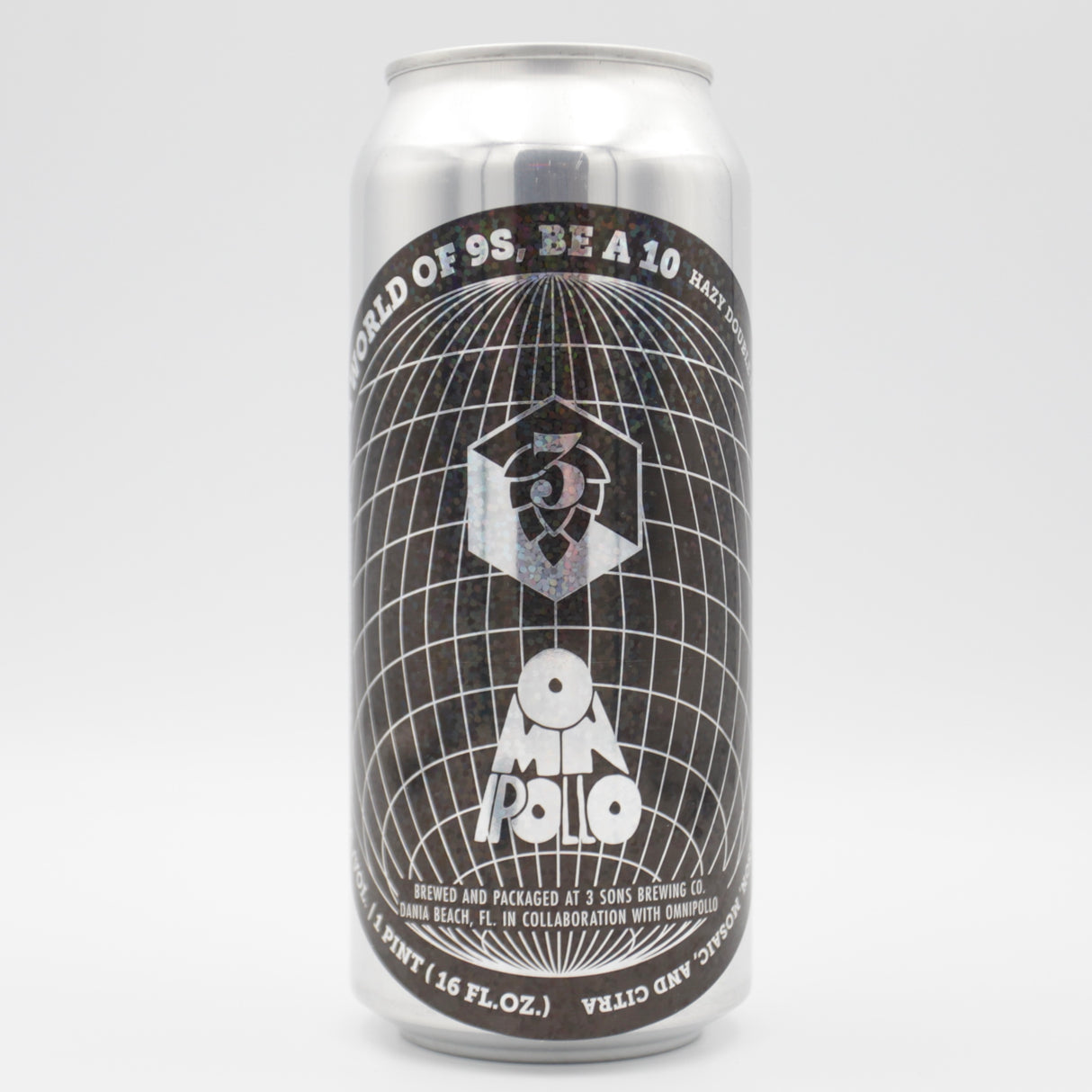 This is a can of 3 Sons / Omnipollo - In A World Of 9's Be A 10 - 8.4% (473ml). It is a Double IPA craft beer available to buy from Ghost Whale, voted London's best craft beer shop.