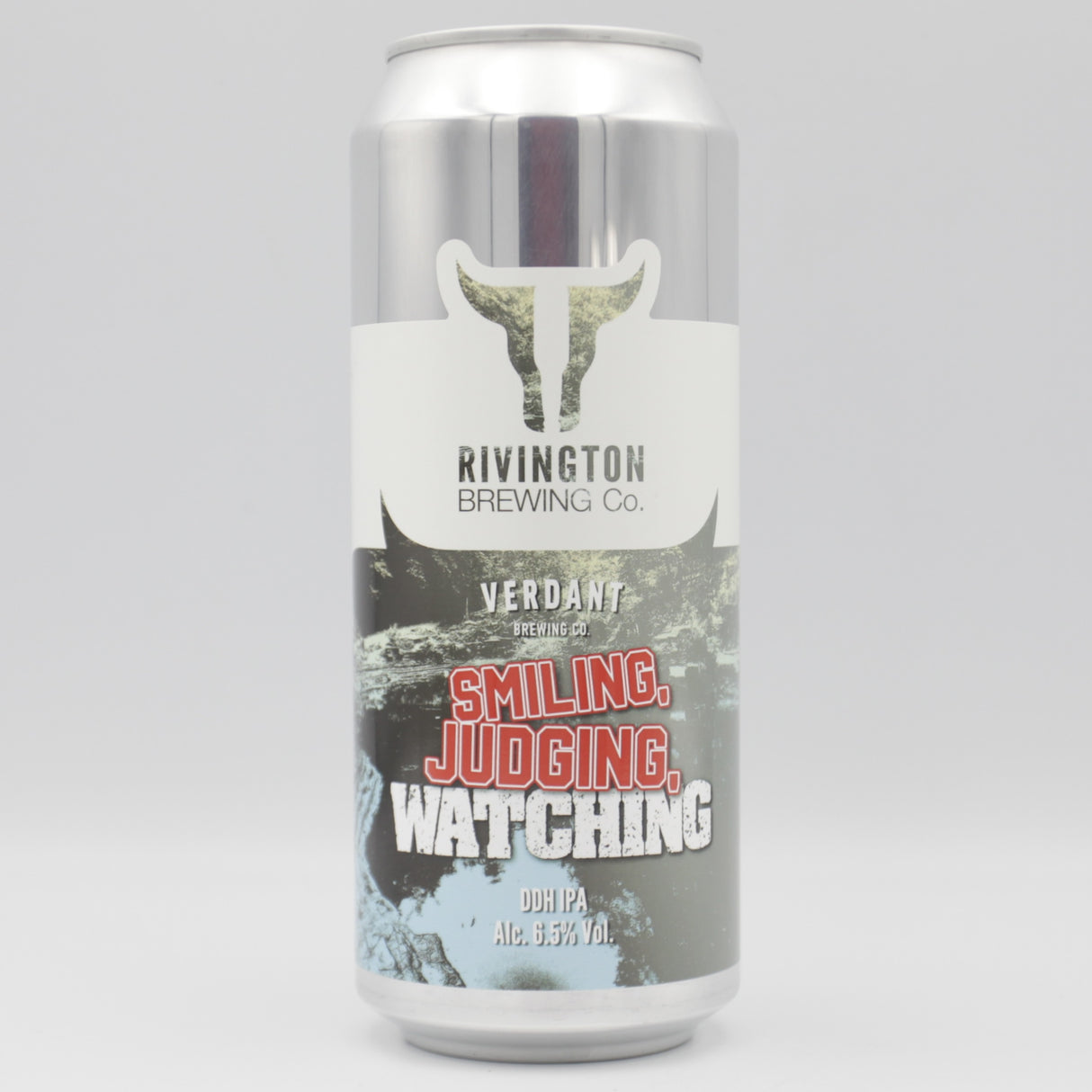 This is a can of Rivington / Verdant - Smiling Judging Watching - 6.5% (500ml). It is a IPA craft beer available to buy from Ghost Whale, voted London's best craft beer shop.