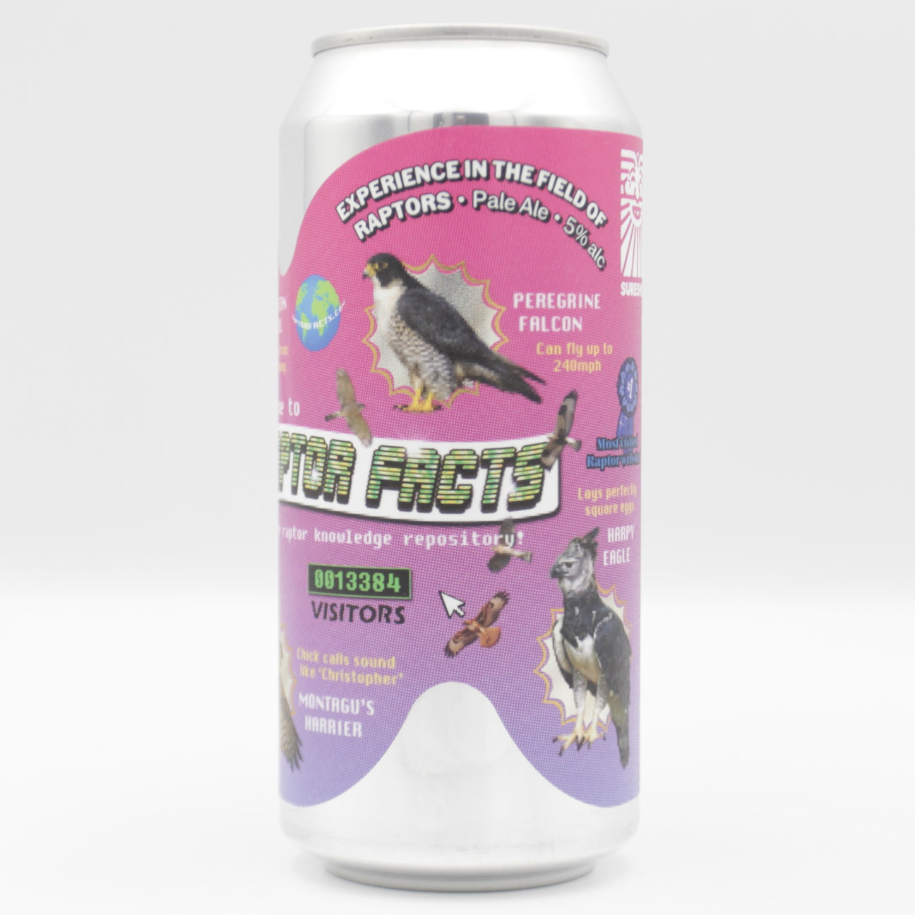 This is a can of Sureshot - Experience In The Field Of Raptors - 5% (440ml). It is a Pale Ale craft beer available to buy from Ghost Whale, voted London's best craft beer shop.