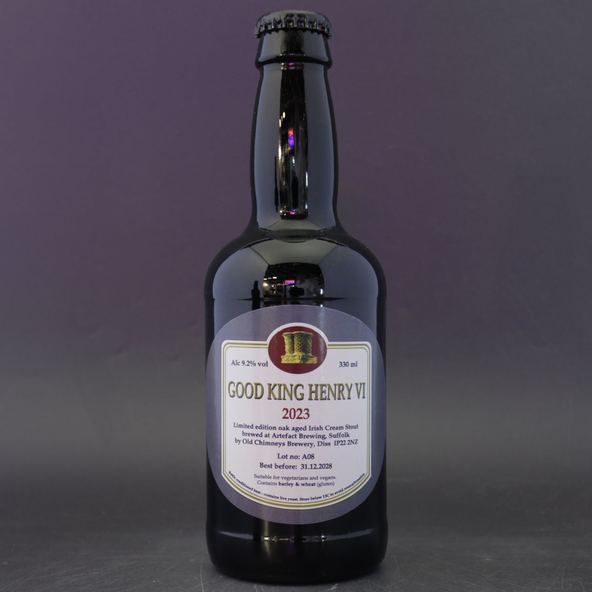This is a bottle of Old Chimneys - Good King Henry VI - 9.8% (330ml). It is a Imperial Stout / Porter craft beer available to buy from Ghost Whale, voted London's best craft beer shop.