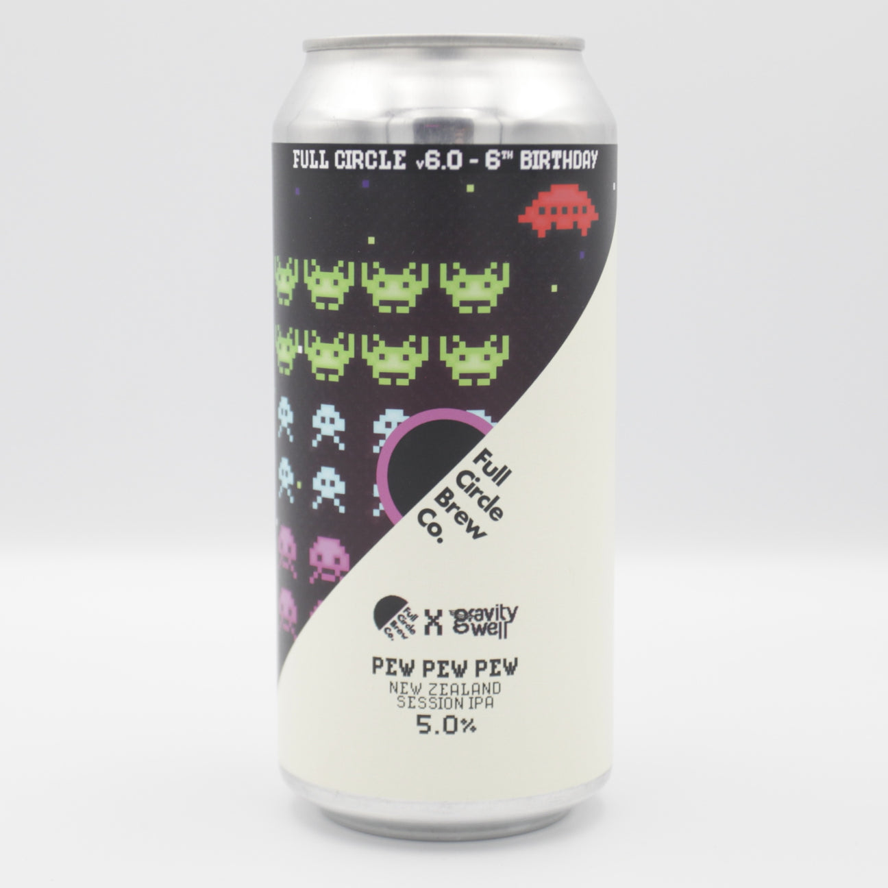 This is a can of Full Circle Brew Co / Gravity Well - Pew Pew Pew - 5% (440ml). It is a Session IPA craft beer available to buy from Ghost Whale, voted London's best craft beer shop.