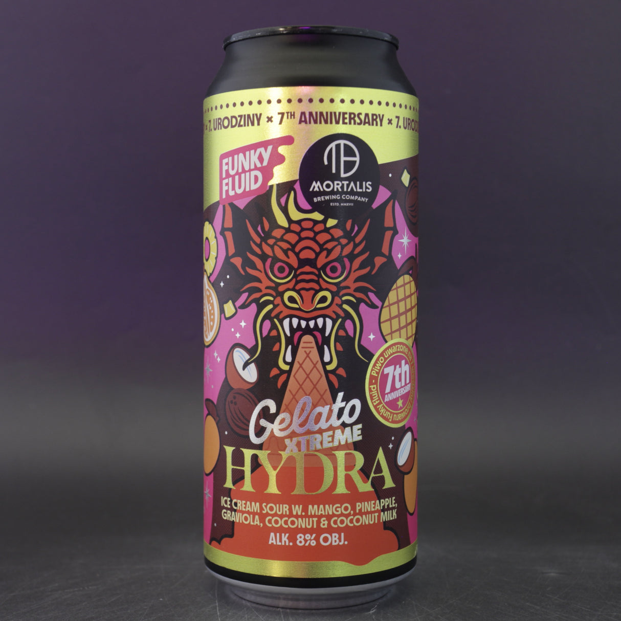 This is a can of Funky Fluid / Mortalis - Gelato Xtreme: Hydra - 8% (500ml). It is a Sour craft beer available to buy from Ghost Whale, voted London's best craft beer shop.