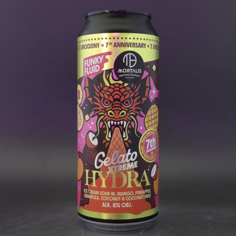 This is a can of Funky Fluid / Mortalis - Gelato Xtreme: Hydra - 8% (500ml). It is a Sour craft beer available to buy from Ghost Whale, voted London's best craft beer shop.