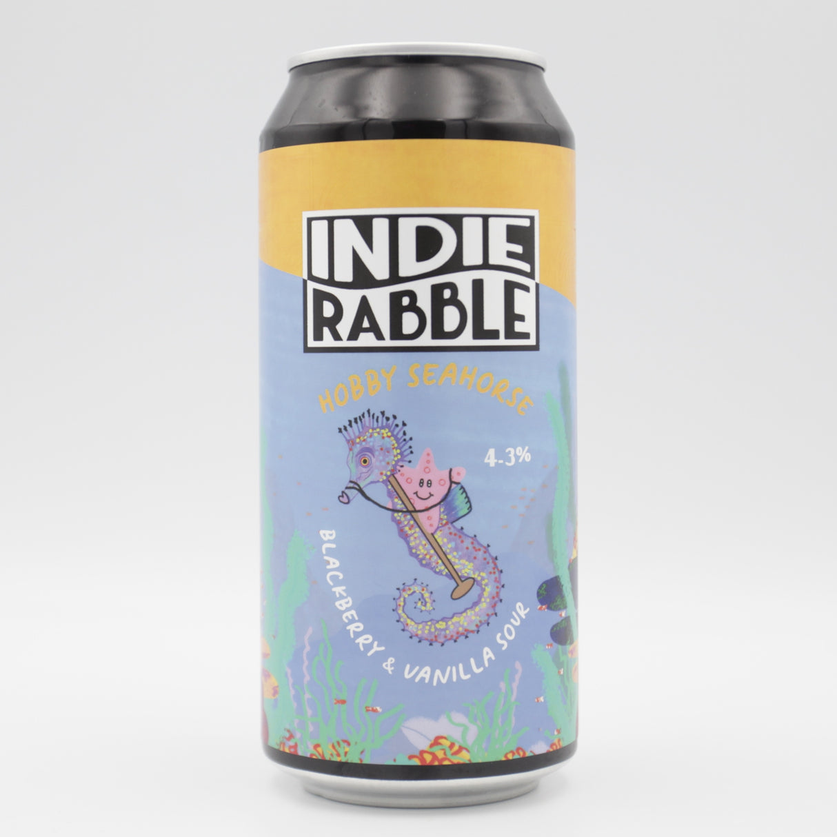 This is a can of Indie Rabble - Hobby Seahorse - 4.8% (440ml). It is a Sour craft beer available to buy from Ghost Whale, voted London's best craft beer shop.