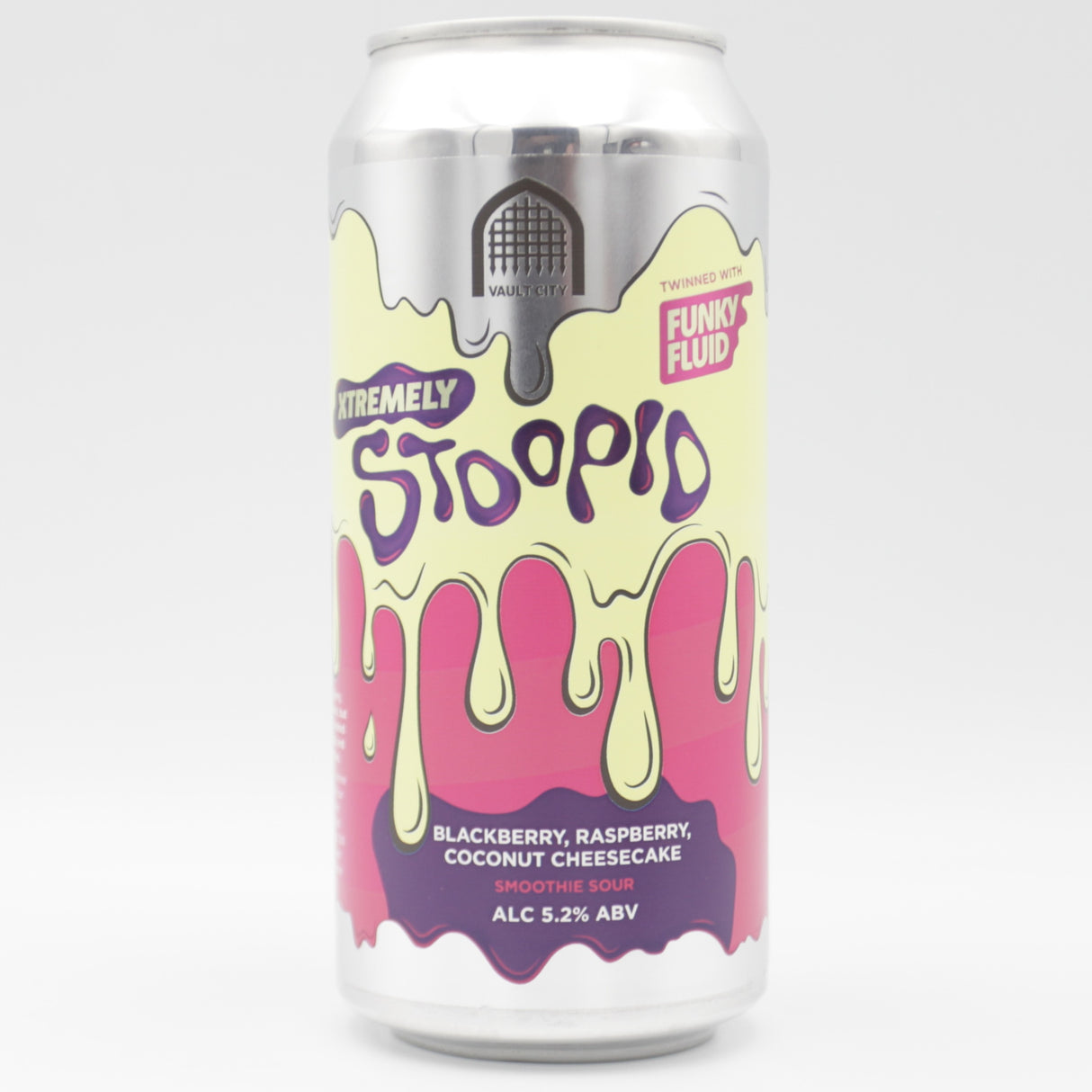 This is a can of Vault City / Funky Fluid - Xtremely Stoopid - 5.2% (440ml). It is a Sour craft beer available to buy from Ghost Whale, voted London's best craft beer shop.