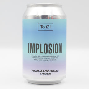 This is a can of To Øl - Implosion: Lager - 0.5% (330ml). It is a Lager / Pilsner / Kölsch craft beer available to buy from Ghost Whale, voted London's best craft beer shop.